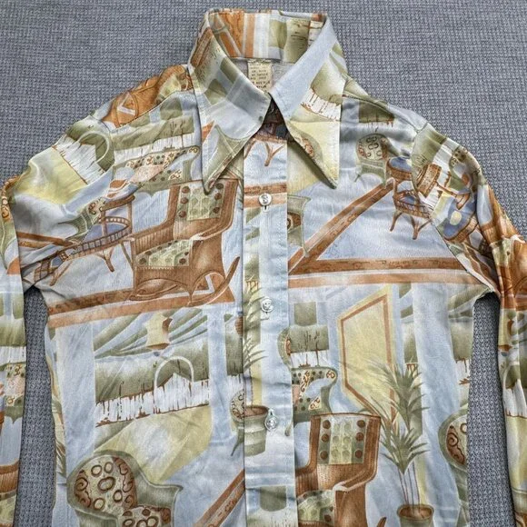 Vintage 70s Long Sleeve Collared Shirt With Retro Interior Design Print Size 7/8 - Picture 4 of 11
